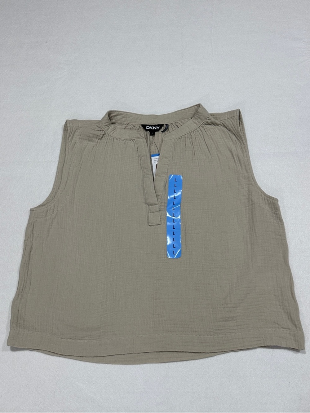 NWT DKNY Sleeveless Split V Cotton-Gauze Top in Taupe, Size L